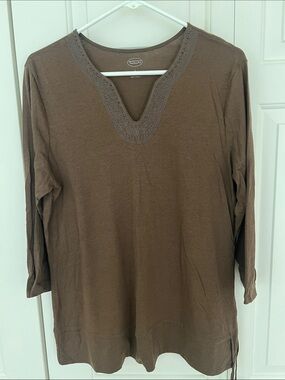 Talbots Brown Beaded V-Neck Long Sleeve Top